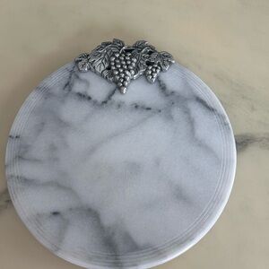 White Marble Round Serving Board with Pewter Grape Accent